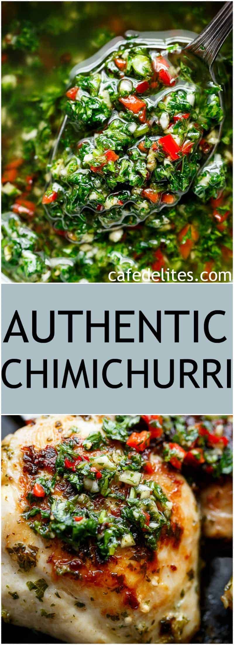 Authentic Chimichurri from Uruguay & Argentina is the best accompaniment to any barbecued or grilled meats! Also used to serve as a dressing on salads! | https://cafedelites.com