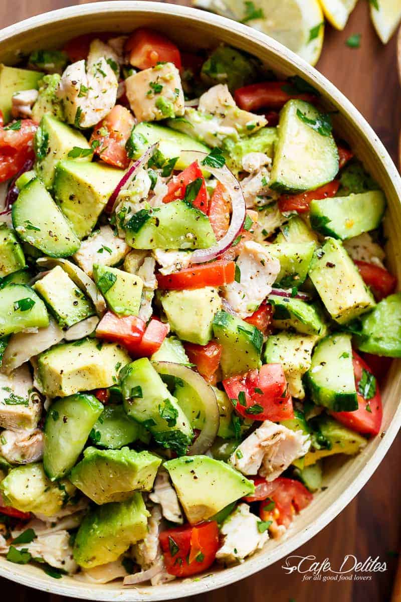 Quick And Simple Chicken Cucumber Avocado Salad is so easy to make! A perfect salad to throw together at any time of the day with NO COOKING! | https://cafedelites.com