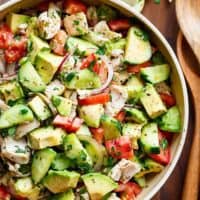 Quick And Simple Chicken Cucumber Avocado Salad is so easy to make! A perfect salad to throw together at any time of the day with NO COOKING! | https://cafedelites.com