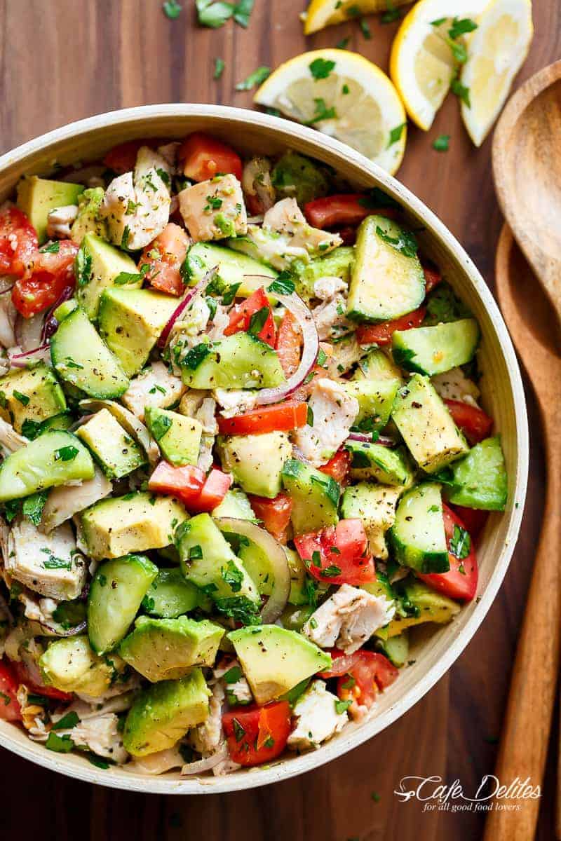 Quick And Simple Chicken Cucumber Avocado Salad is so easy to make! A perfect salad to throw together at any time of the day with NO COOKING! | https://cafedelites.com