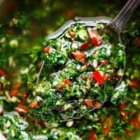 A close up of the light and dark green herbs, red chili pieces mixed into the clear liquid of the Authentic Chimichurri. A small serving spoon lifts the chimichurri part way out of the ramekin.