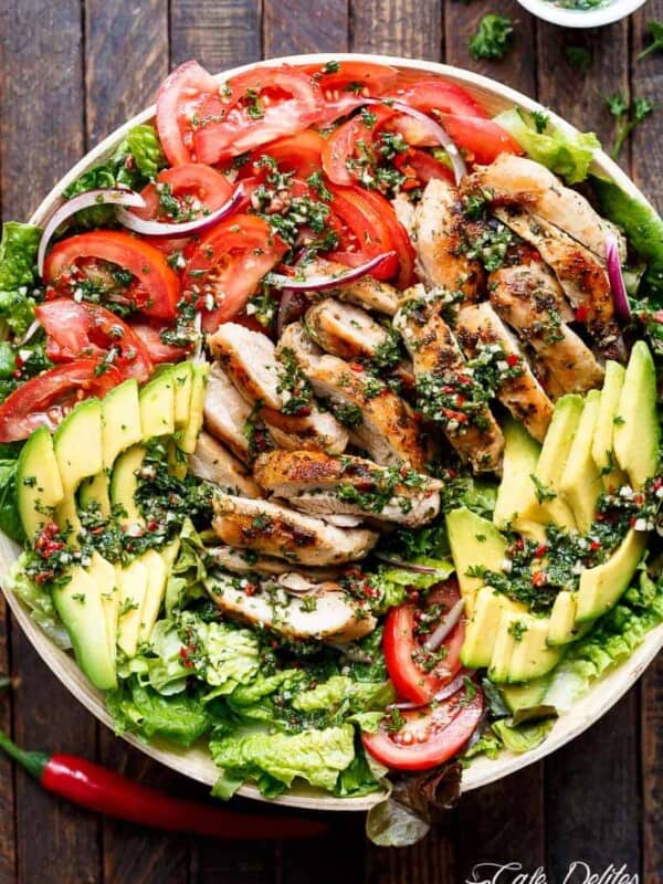 Grilled Chimichurri Chicken Avocado Salad in a bowl