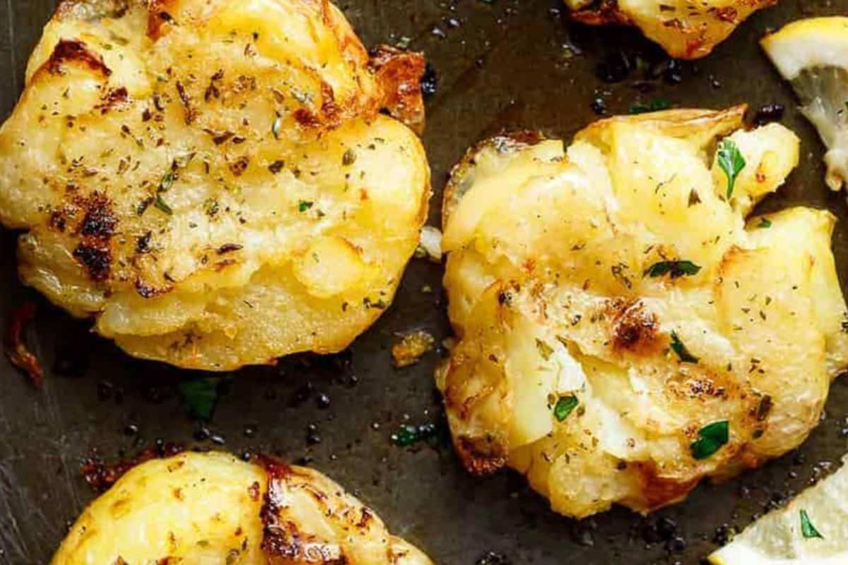 Close-up shot of Crispy Smashed Potatoes.