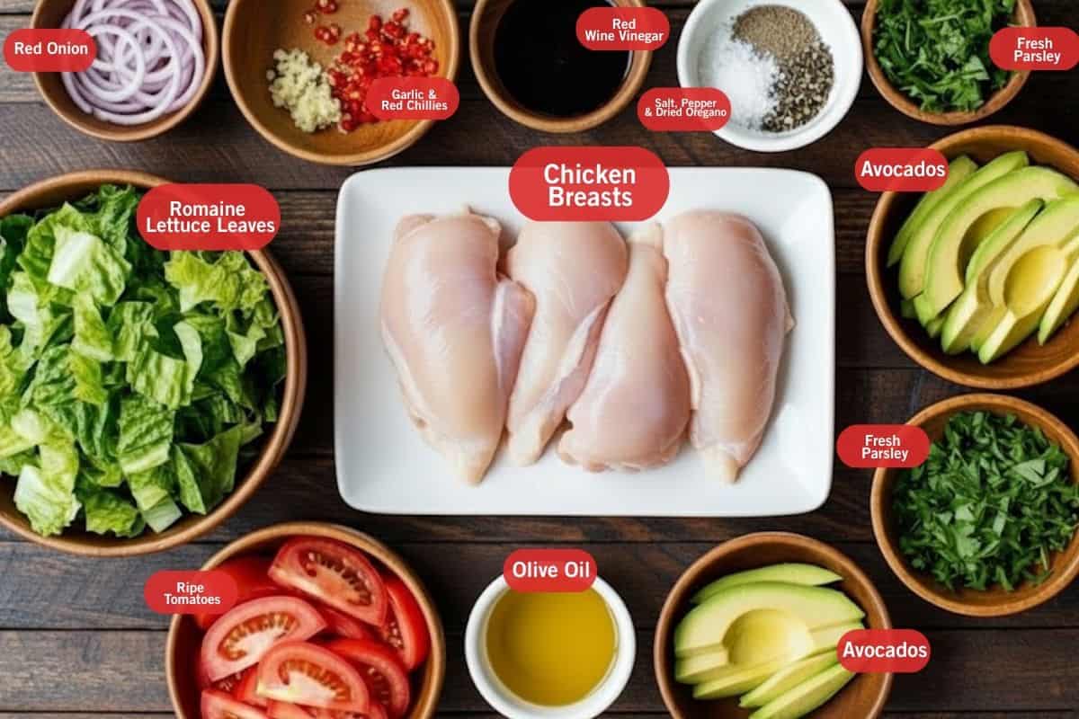 Flat lay photo of ingredient shoot of red onion, garlic and red chillies, red wine vinegar, salt ,pepper and dried oregano, fresh parsley, avocados, olive oil, chicken breast, ripe tomatoes, romaine lettuce leaves