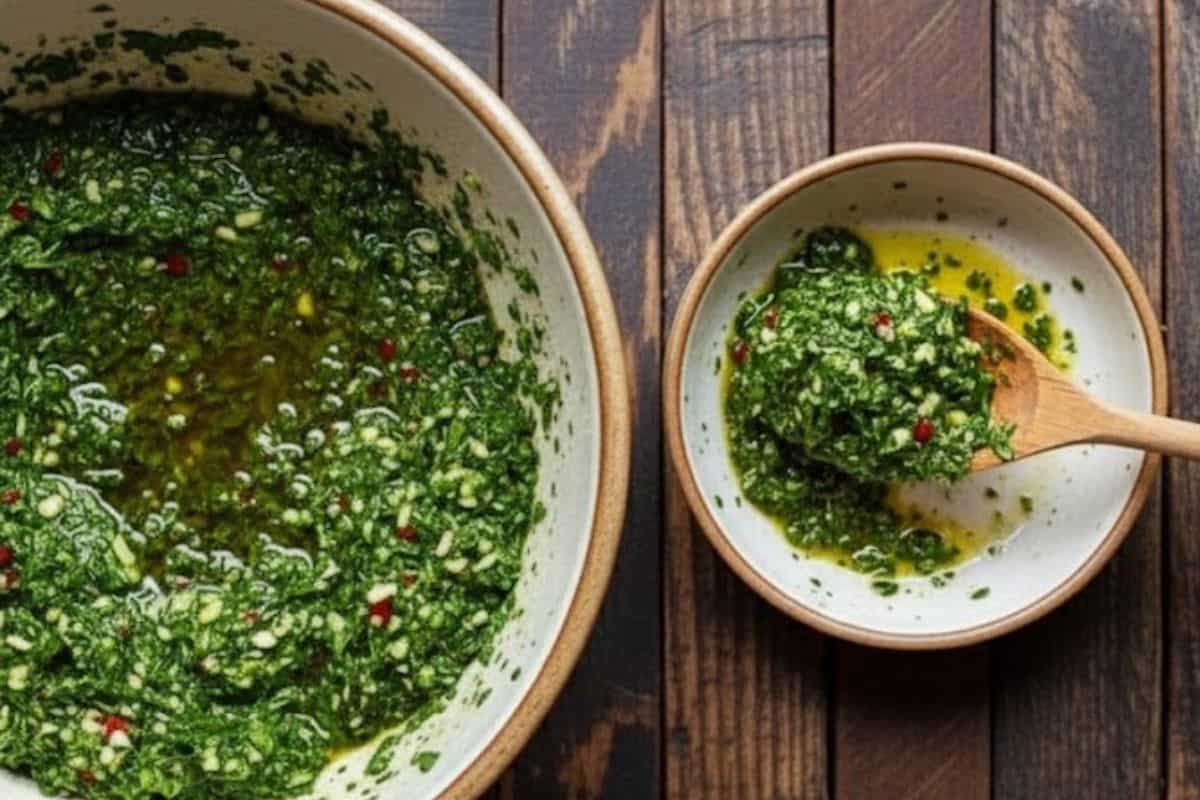 Pour about 4 tablespoons of the chimichurri into a separate shallow dish for marinating the chicken.
