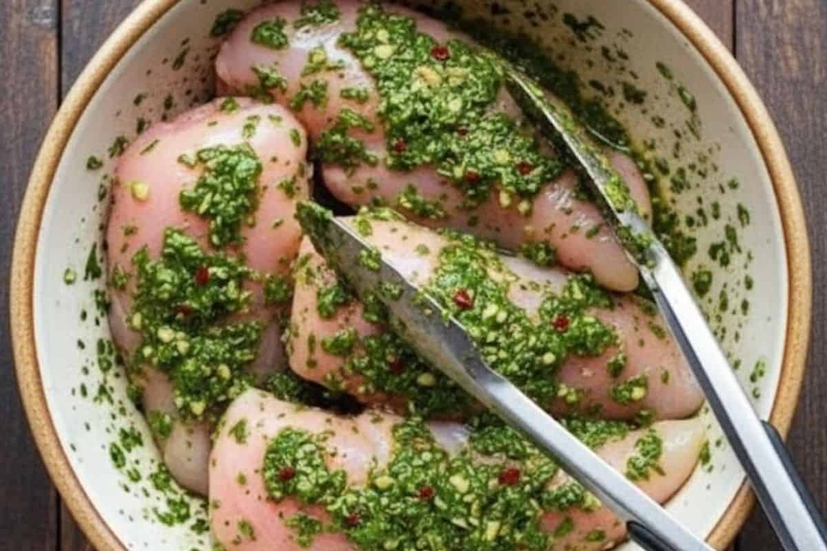 Coat the chicken fillets evenly in the chimichurri mixture. Let them marinate for 20 minutes