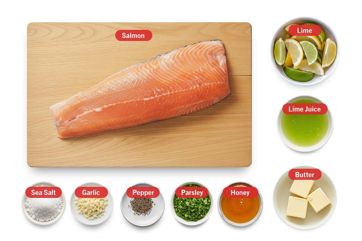 Top shot of ingredients: Salmon, lime. lime juice, sea salt, garlic, pepper, parsley, honey, and butter.