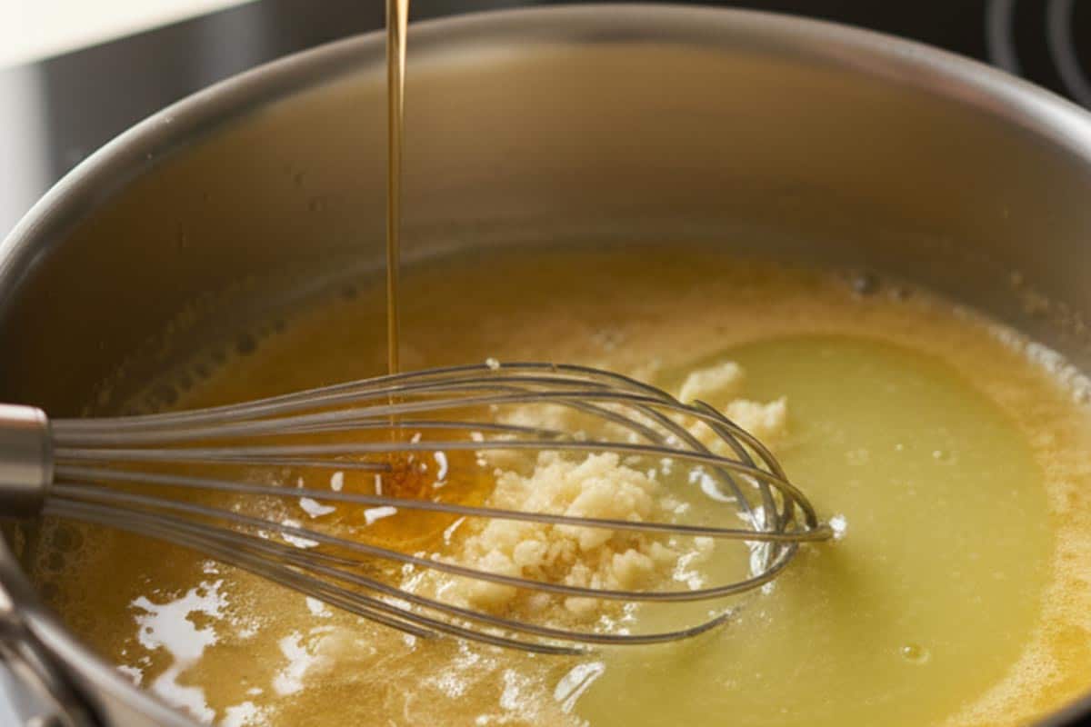 Added the honey, crushed garlic, and lime juice to the melted butter