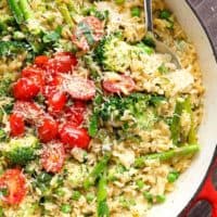 One Pot Orzo Primavera is full of green vegetables and a beautiful sauce with a hint of cream, garlic and lemon! All cooked in the one pan! | https://cafedelites.com