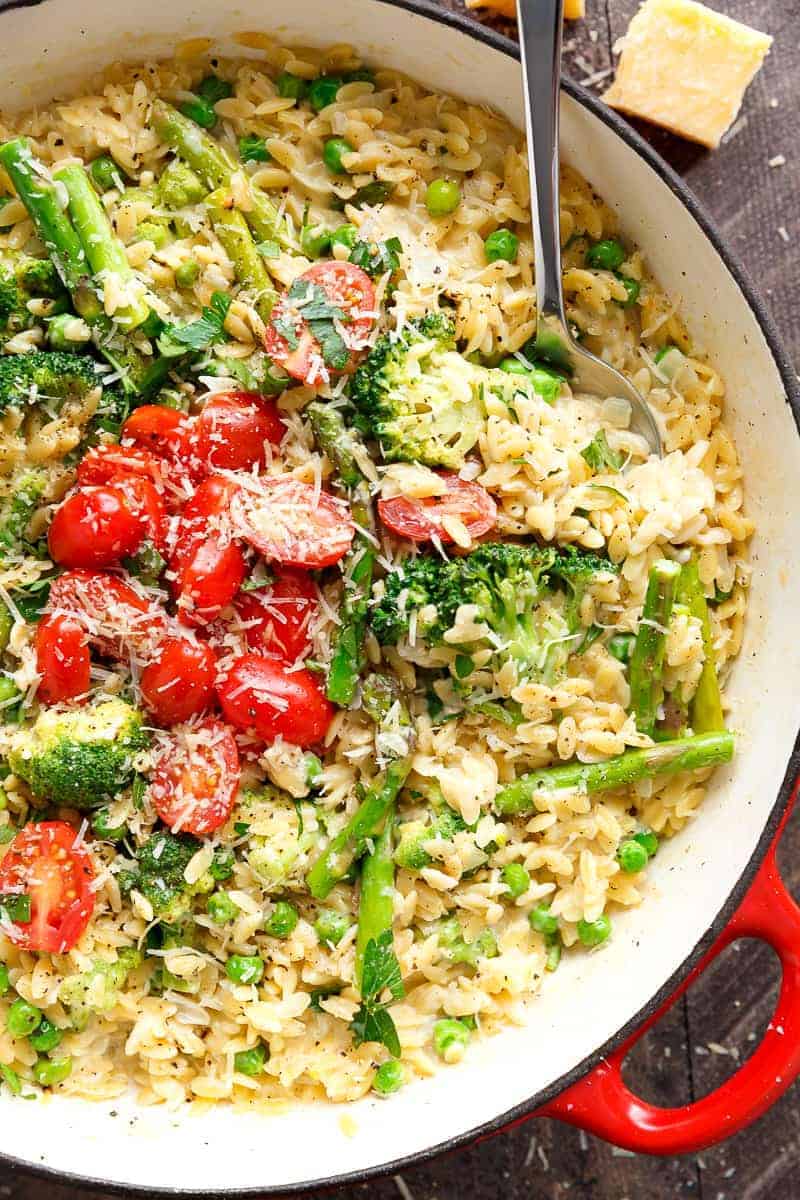 One Pot Orzo Primavera is full of green vegetables and a beautiful sauce with a hint of cream, garlic and lemon! All cooked in the one pan! | https://cafedelites.com