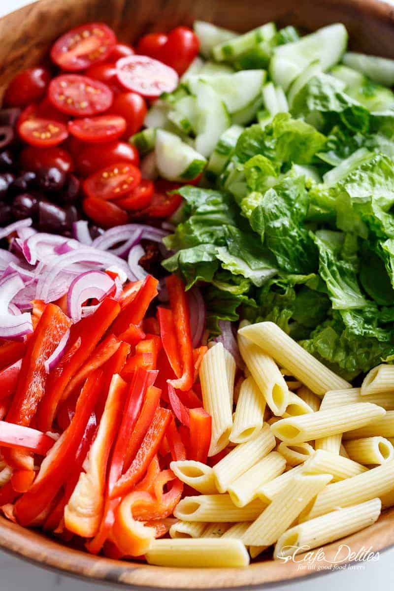 A Pasta Salad made with fresh Mediterranean salad ingredients and drizzled with an incredi Lemon Herb Mediterranean Pasta Salad