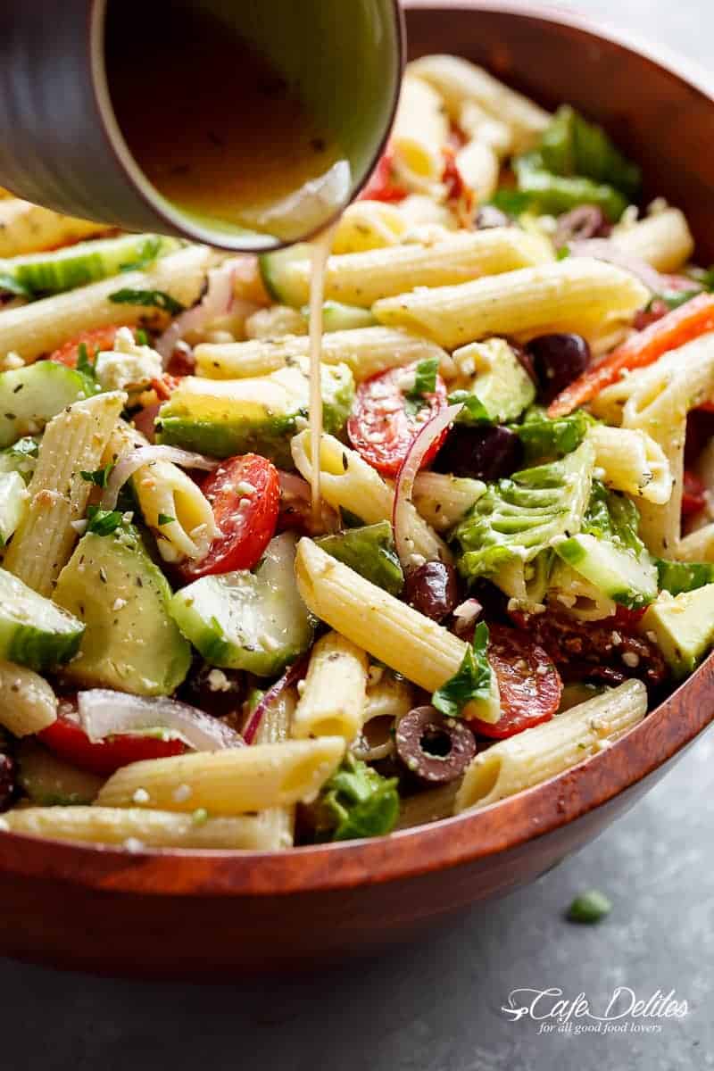 A Pasta Salad made with fresh Mediterranean salad ingredients and drizzled with an incredi Lemon Herb Mediterranean Pasta Salad