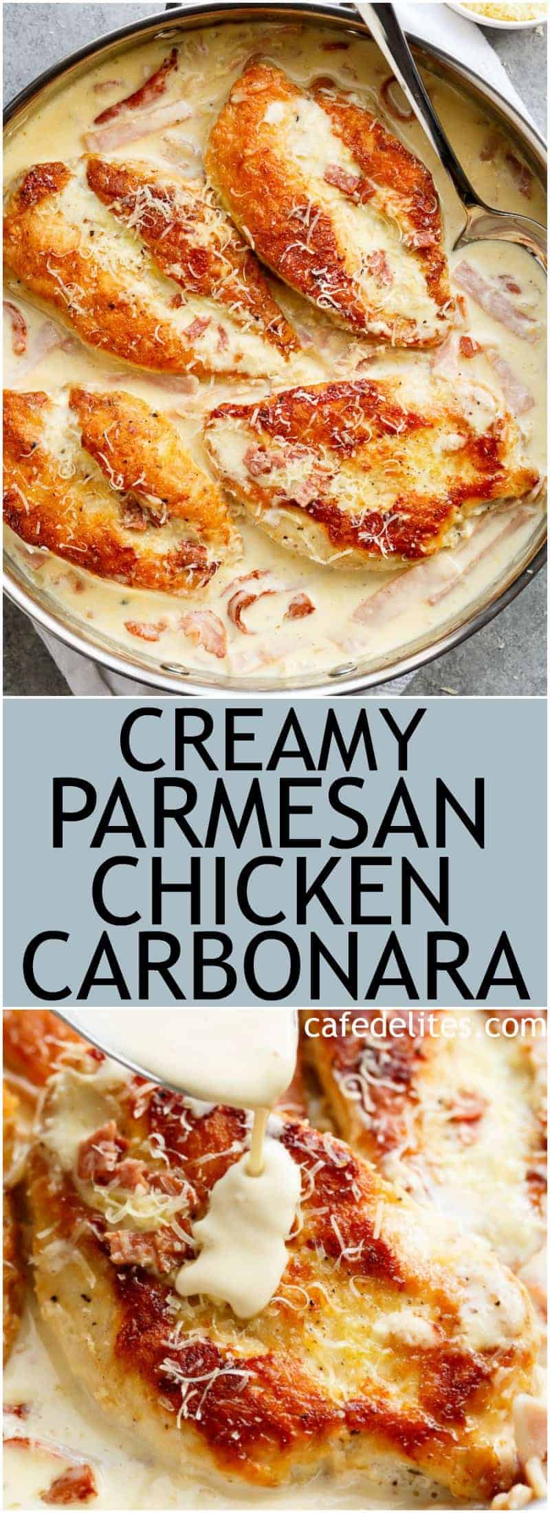 Creamy Parmesan Chicken Carbonara is the ultimate twist! Crispy, golden chicken fillets in a carbonara inspired sauce for a new favourite chicken recipe! | https://cafedelites.com