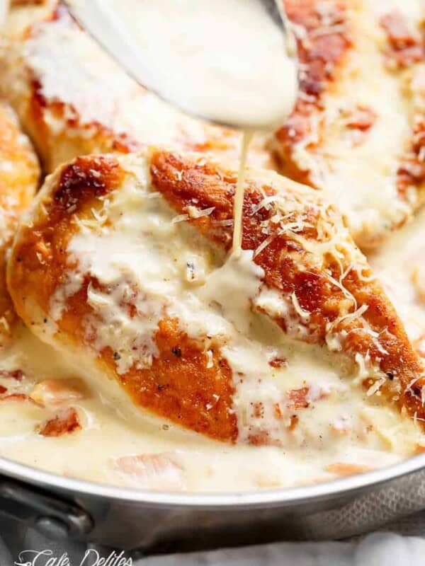Creamy Parmesan Carbonara Chicken is the ultimate twist! Crispy, golden chicken fillets in a carbonara inspired sauce for a new favorite chicken