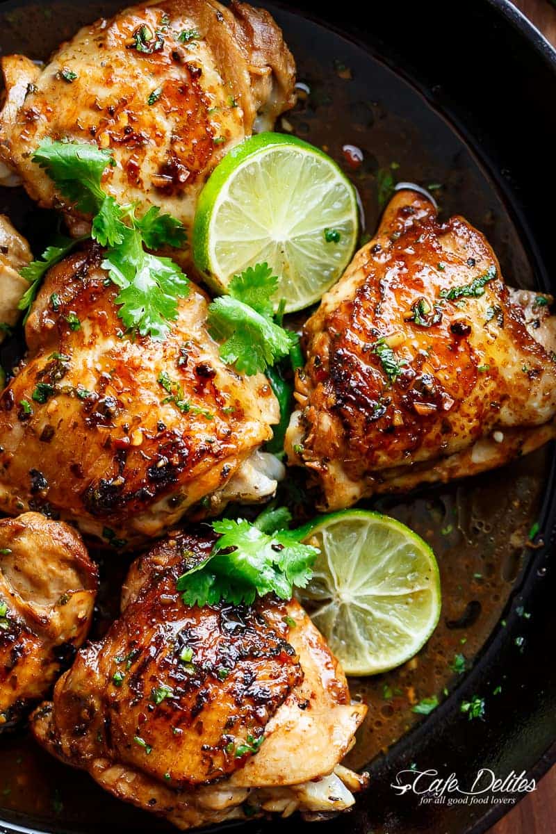 Crispy Cilantro Lime Chicken is juicy on the inside, golden and crisp on the outside, cooked in mouth watering flavourful pan drippings! | https://cafedelites.com