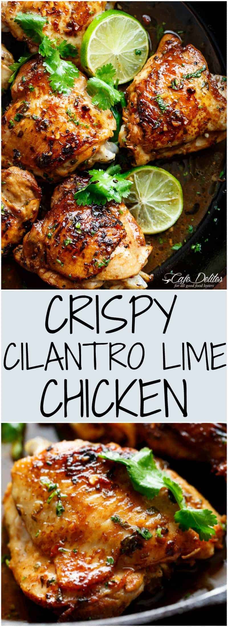 Crispy Cilantro Lime Chicken is juicy on the inside, golden and crisp on the outside, cooked in mouth watering flavourful pan drippings! | https://cafedelites.com
