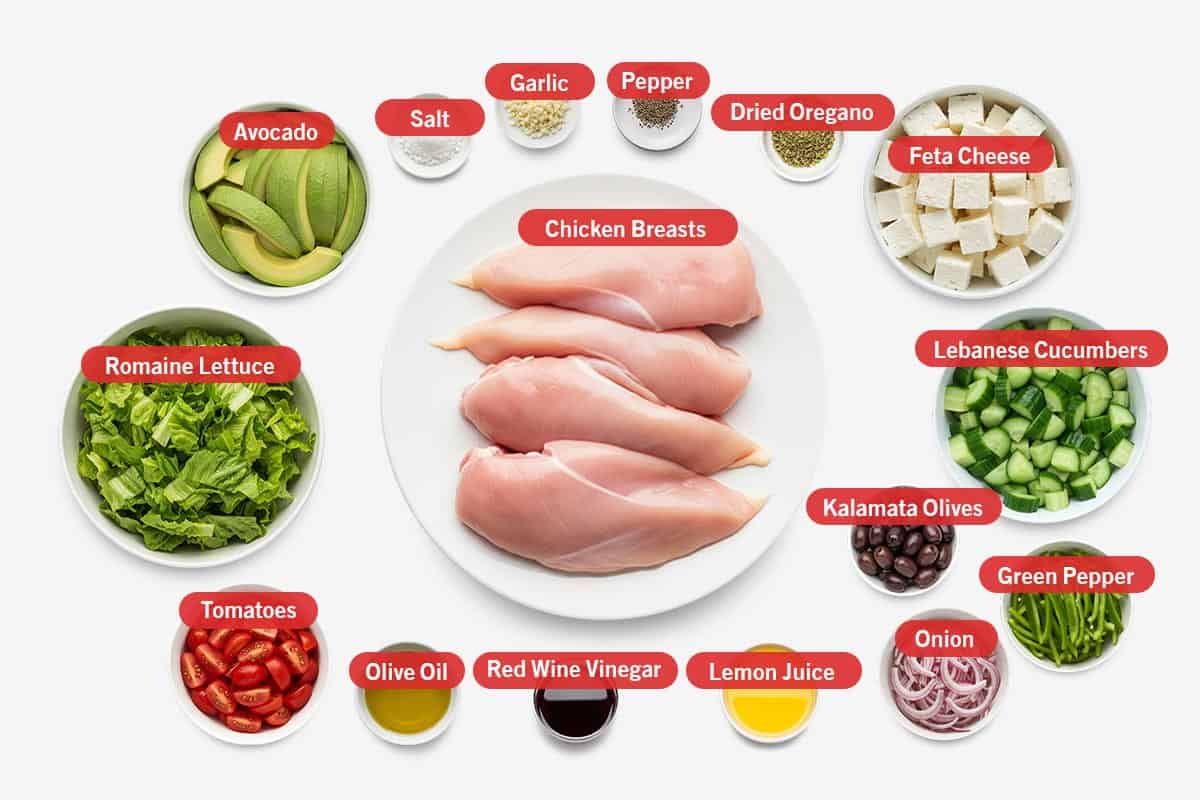 Top shot of ingredients: avocado, salt, garlic, pepper, dried oregano, feta cheese, romaine lettuce, chicken breasts, lebanese cucumbers, kalamata olives, green pepper, onion, tomatoes, olive oil, red wine vinegar, and lemon juice.