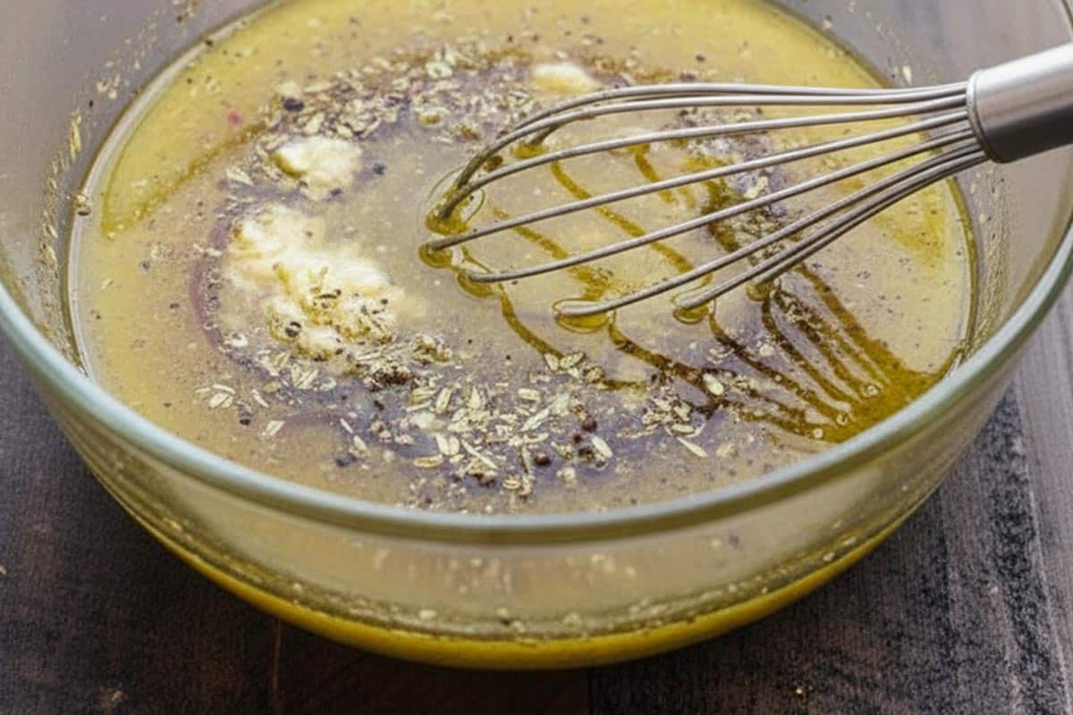 Whisking the marinade ingredients in a large dish.
