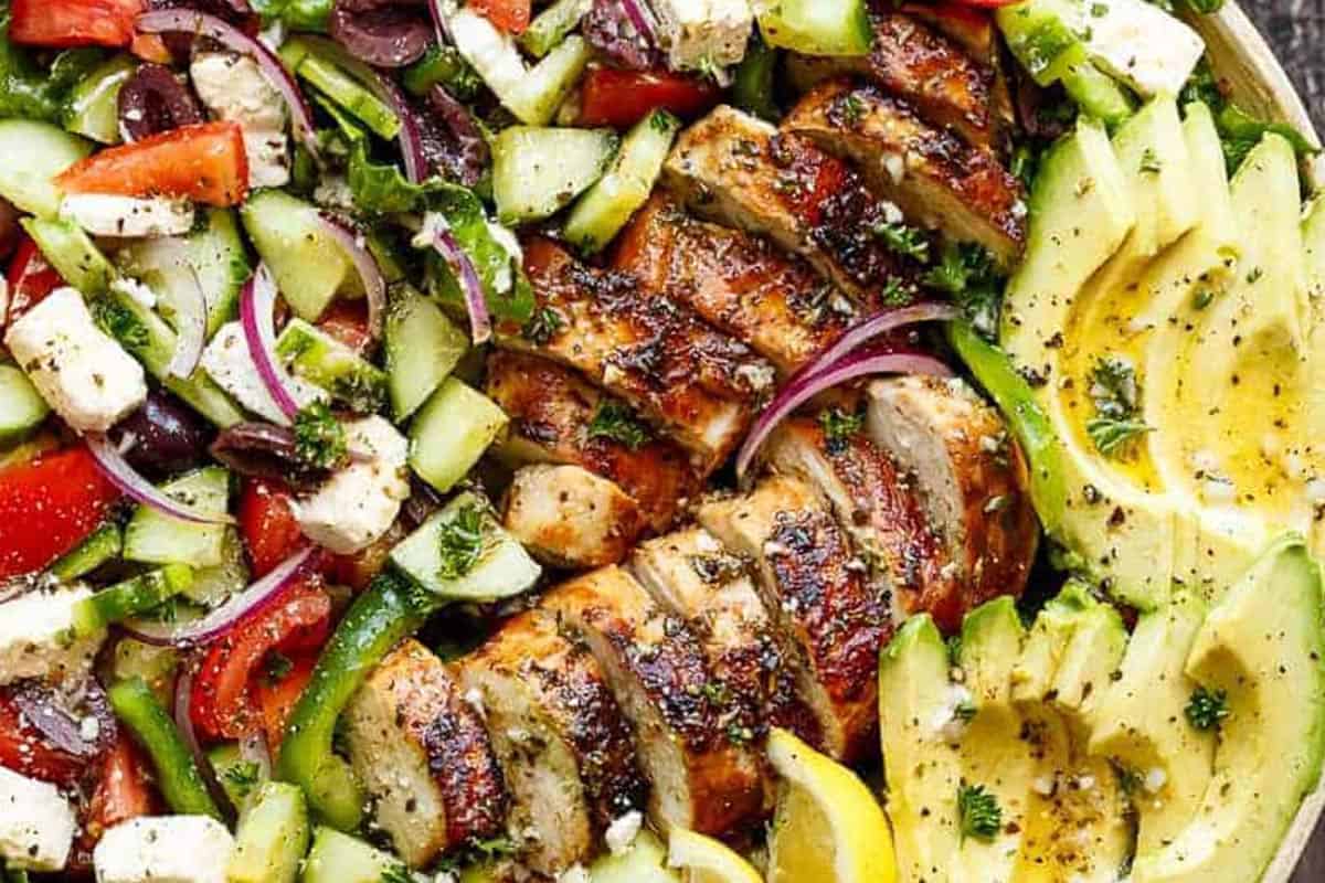 Close-up shot of Greek Chicken Salad.