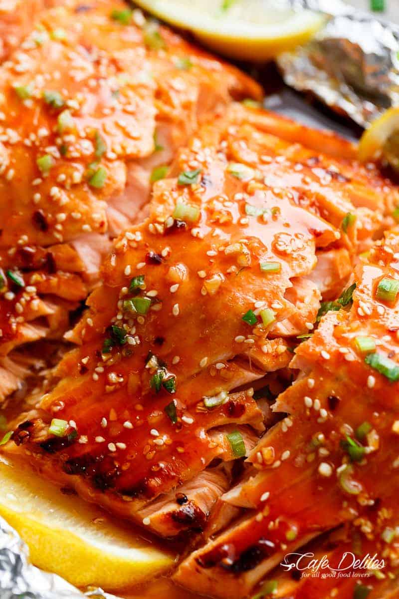 Zoom in image of Honey Sesame Salmon In Foil is Full of Asian flavours with ingredients. 