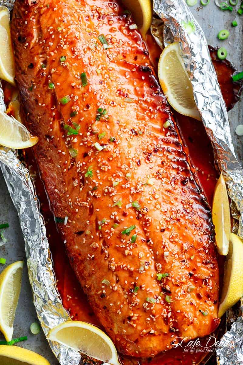 Top view of Honey Sesame Salmon In Foil is Full of Asian flavours with ingredients.