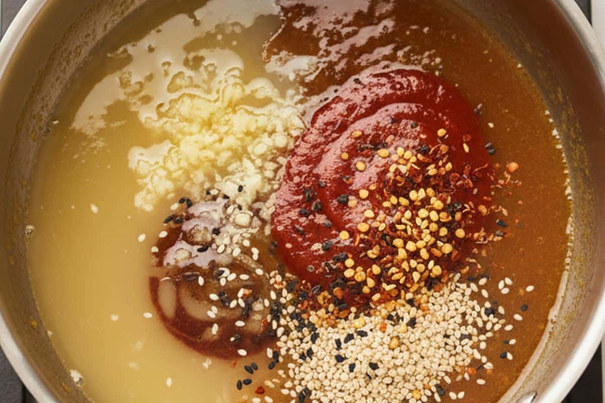 Added lemon juice, garlic, vinegar, Sriracha, oil, ginger, sesame seeds, and chili flakes.