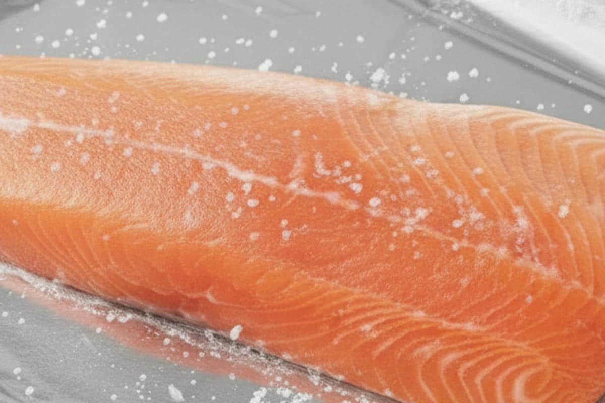 Salmon seasoned with salt on a tray with foil.