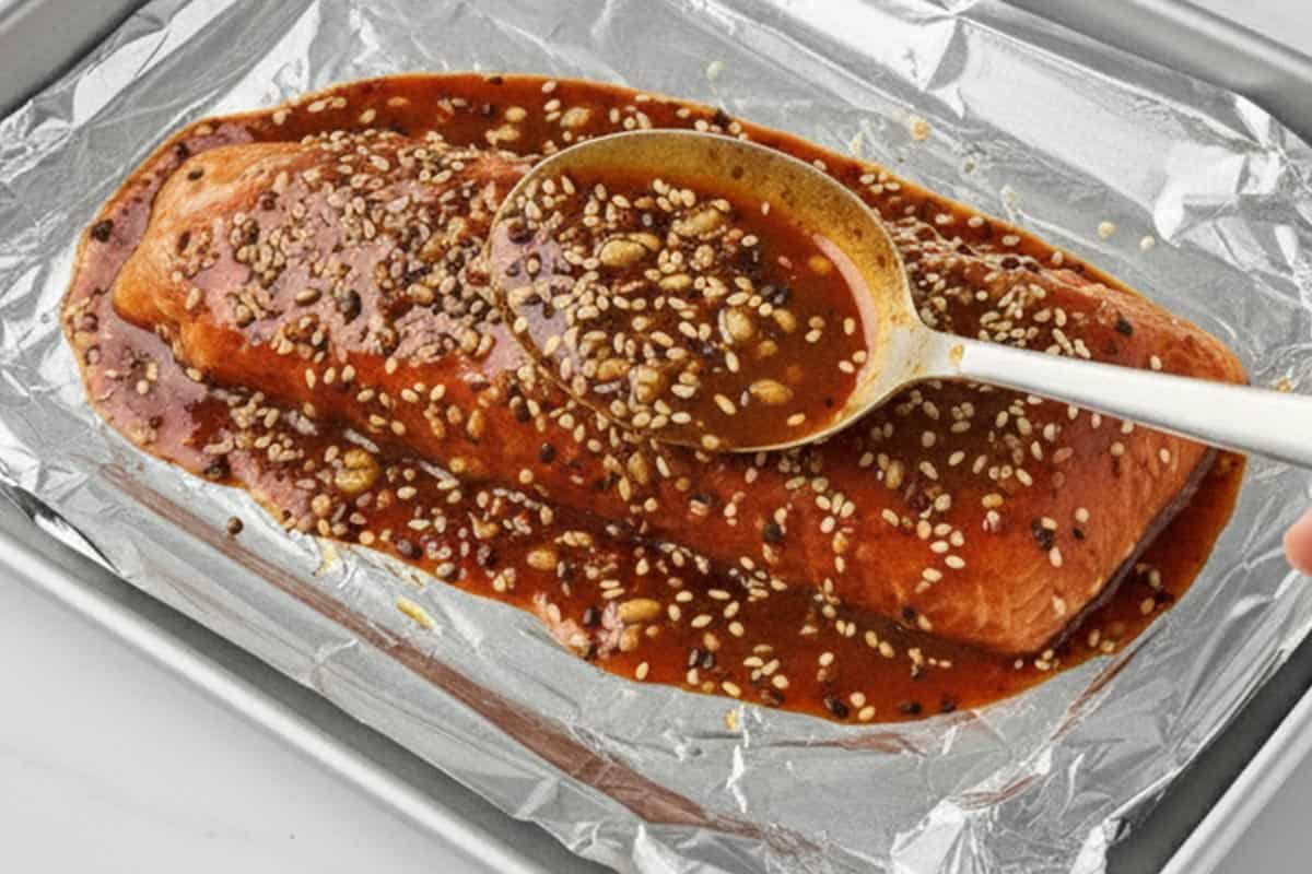 Poured the sauce to the salmon and spread using a spoon.