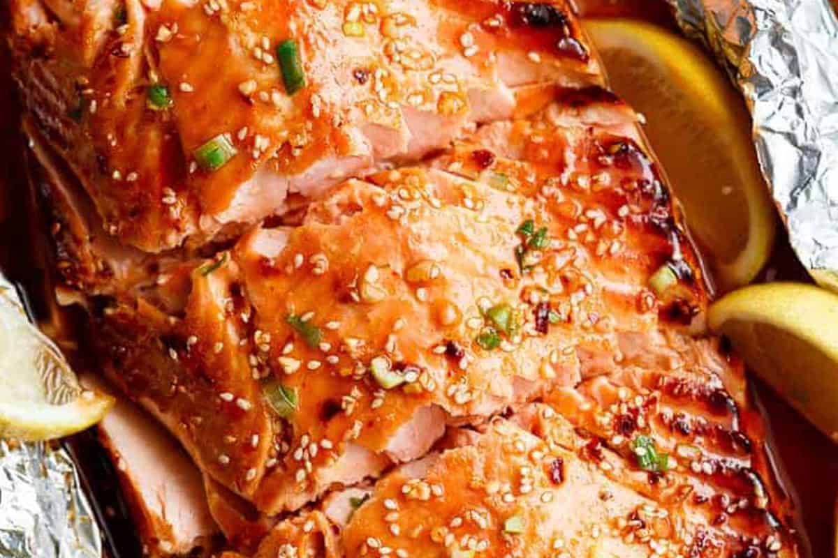 Close-up shot of Honey Sesame Salmon.