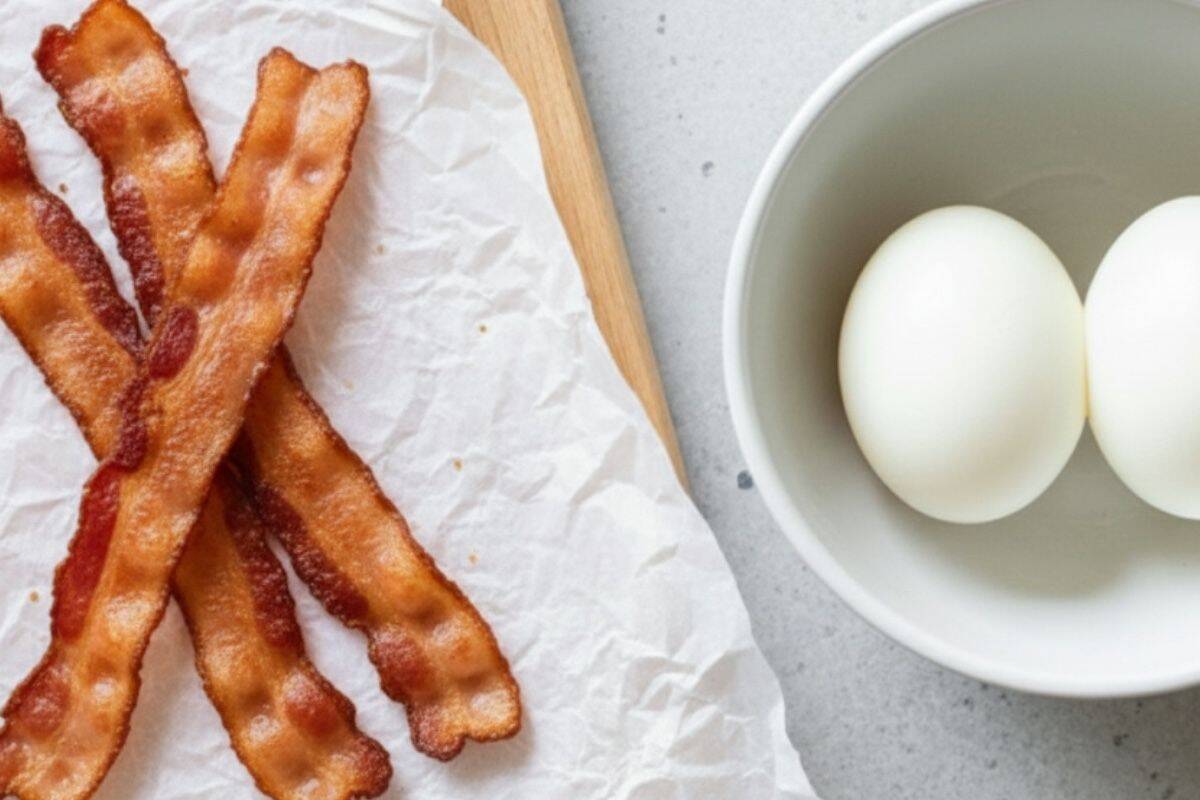 Fry the bacon until crisp and set aside. Boil the eggs until hard-cooked, cool slightly, then peel and slice.