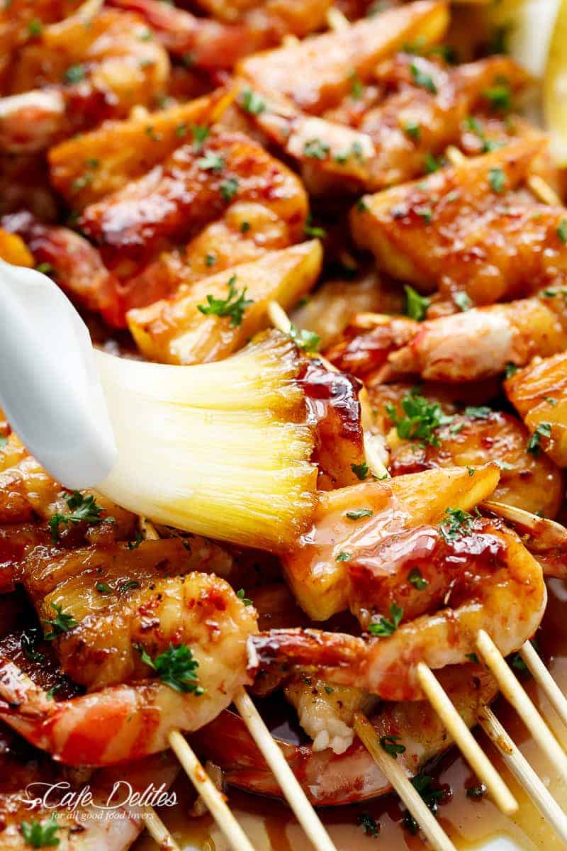 Honey Garlic Butter Shrimp Pineapple Skewers are easy to make and cooked or grilled in an  Honey Garlic Butter Shrimp Pineapple Skewers