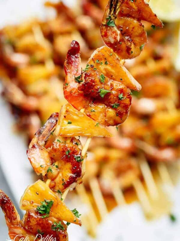 Honey Garlic Butter Shrimp Pineapple Skewers are cooked in the most incredible honey garlic butter sauce!