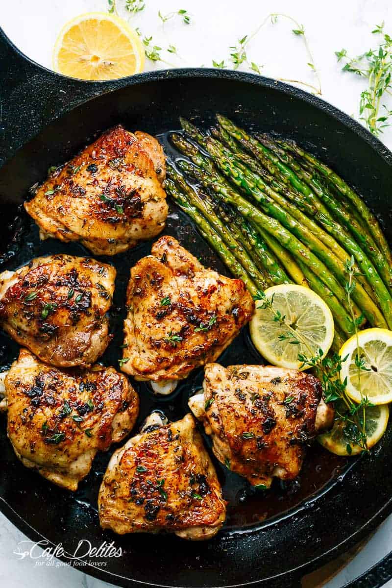 One Pan Lemon Butter Chicken Asparagus is a super easy 'throw-together' recipe. Made with only a handful of uncomplicated ingredients! | https://cafedelites.com