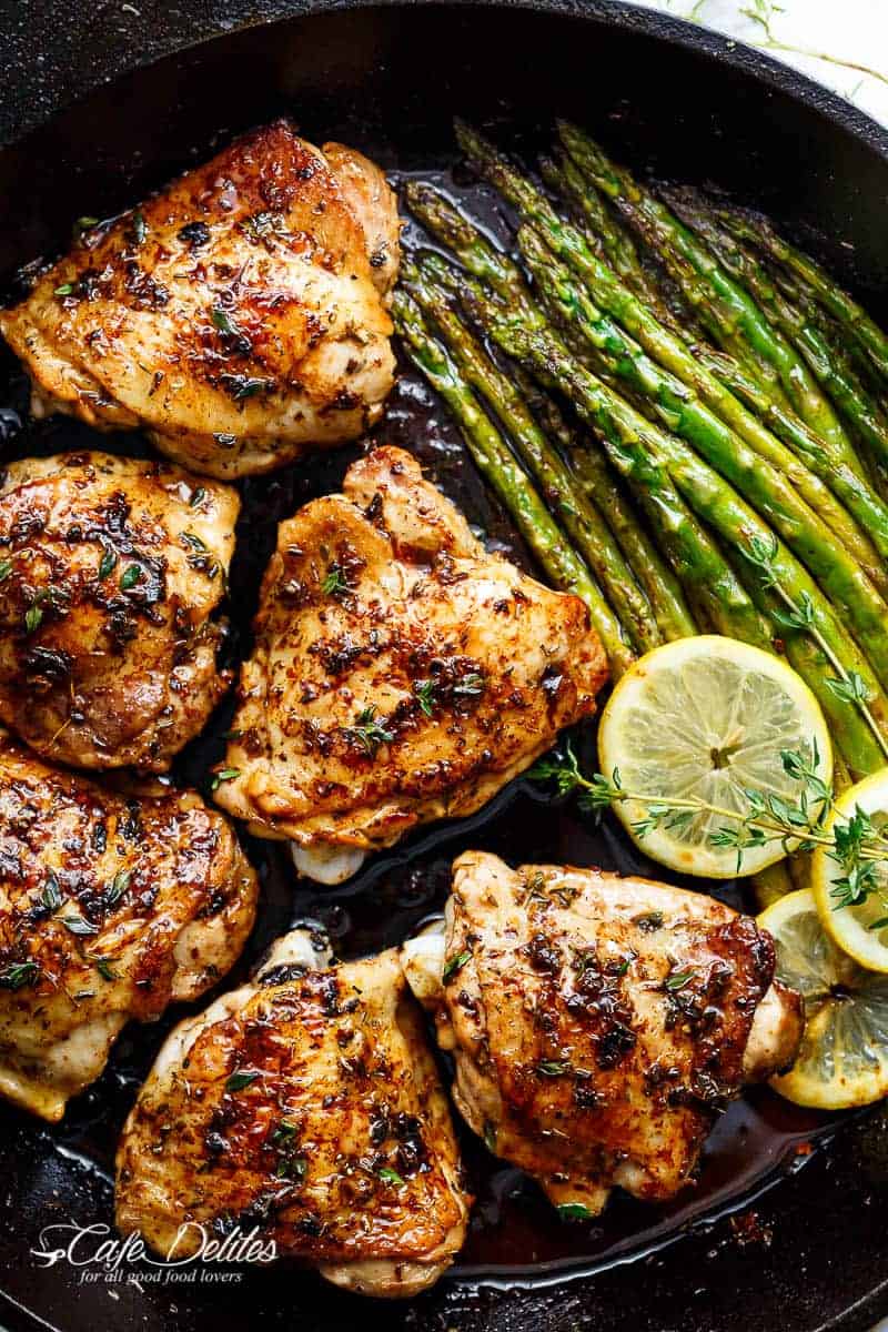 One Pan Lemon Thyme Chicken Asparagus is a super easy 'throw-together' recipe. Healthy and made with only a handful of uncomplicated ingredients! | https://cafedelites.com