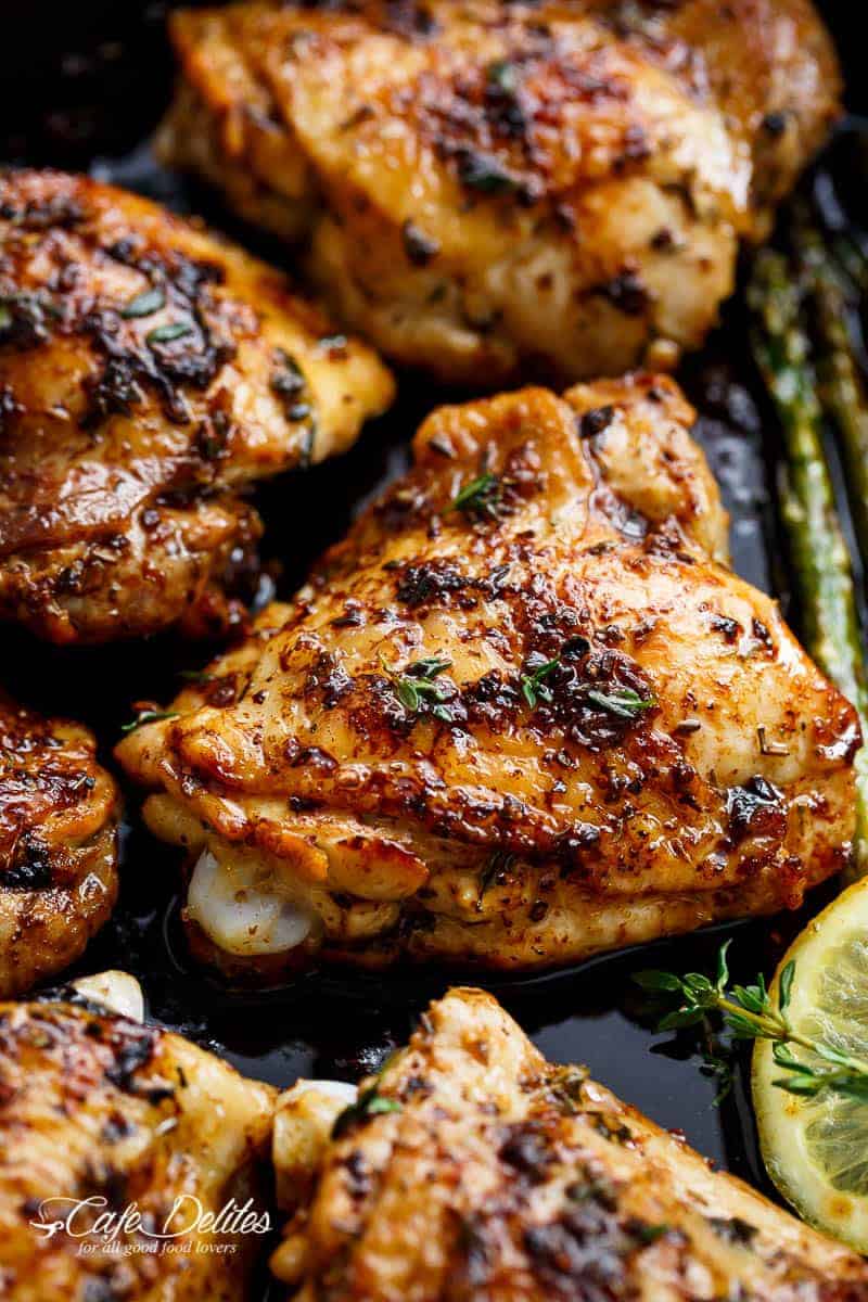 One Pan Lemon Butter Chicken Asparagus is a super easy 'throw-together' recipe. Made with only a handful of uncomplicated ingredients! | https://cafedelites.com