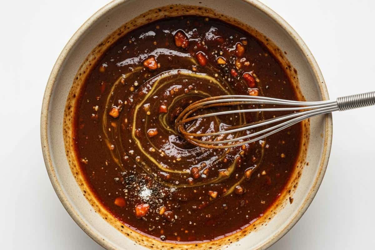 Whisked marinade ingredients in a bowl.