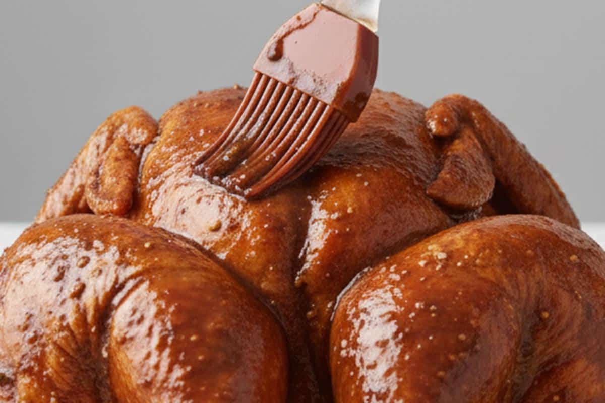 Coating the chicken with marinade using brush.