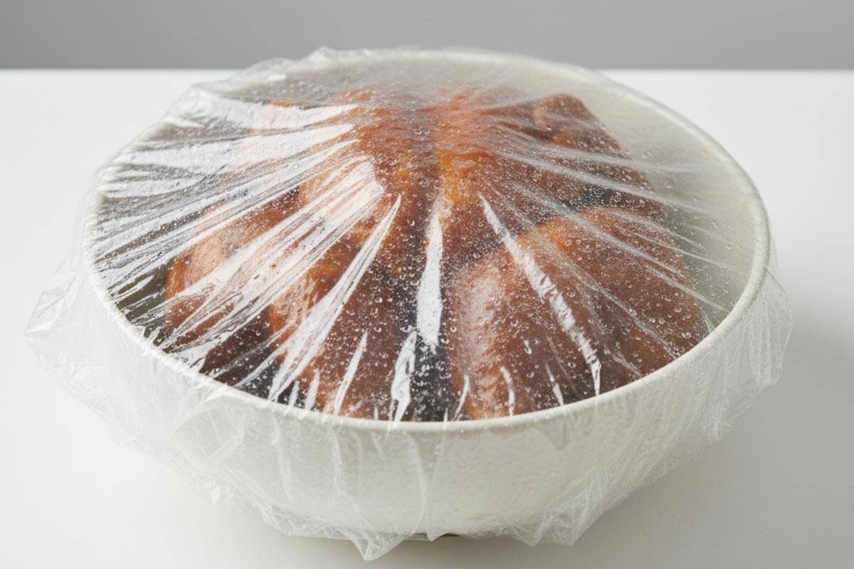 Marinated chicken in a bowl with plastic cover from the fridge.