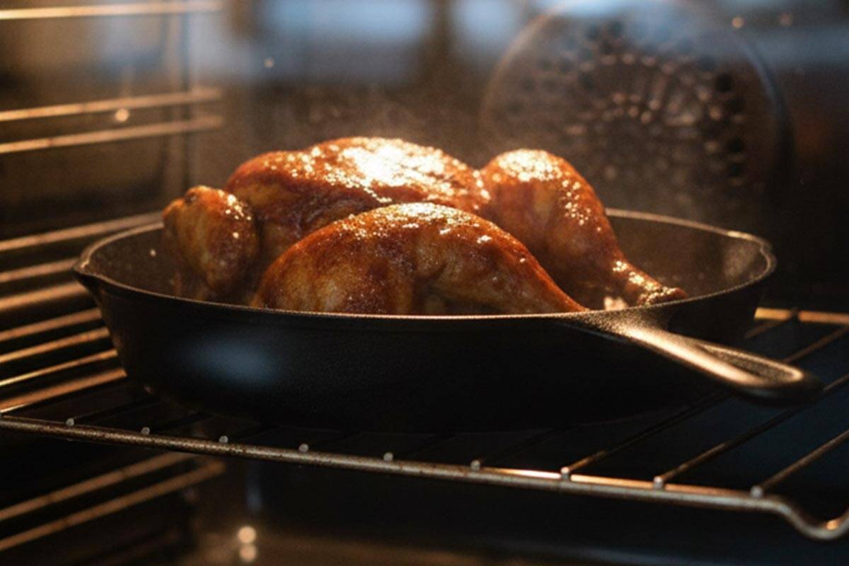 Roasting the chicken in the oven.