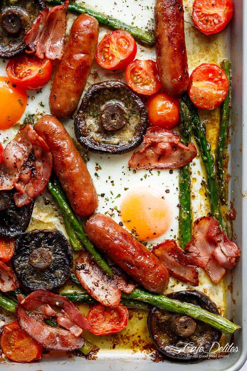 Sheet Pan Full Breakfast complete with eggs Sheet Pan Full Breakfast With Garlic Butter Mushrooms