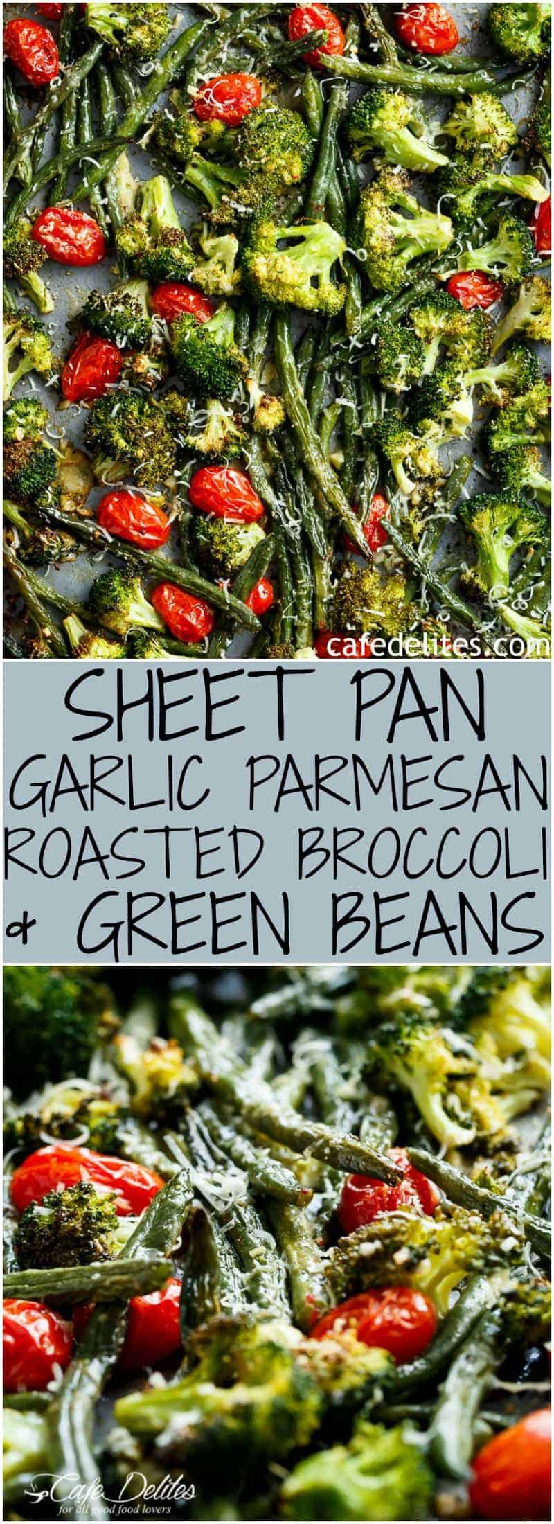 Sheet Pan Garlic Parmesan Roasted Broccoli & Green Beans is an easy-to-make and easier to eat side dish for any meal! A family and reader favourite! | https://cafedelites.com