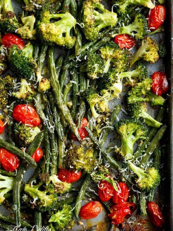 Top view of Sheet Pan Garlic Parmesan Roasted Broccoli & Green Beans on a pan