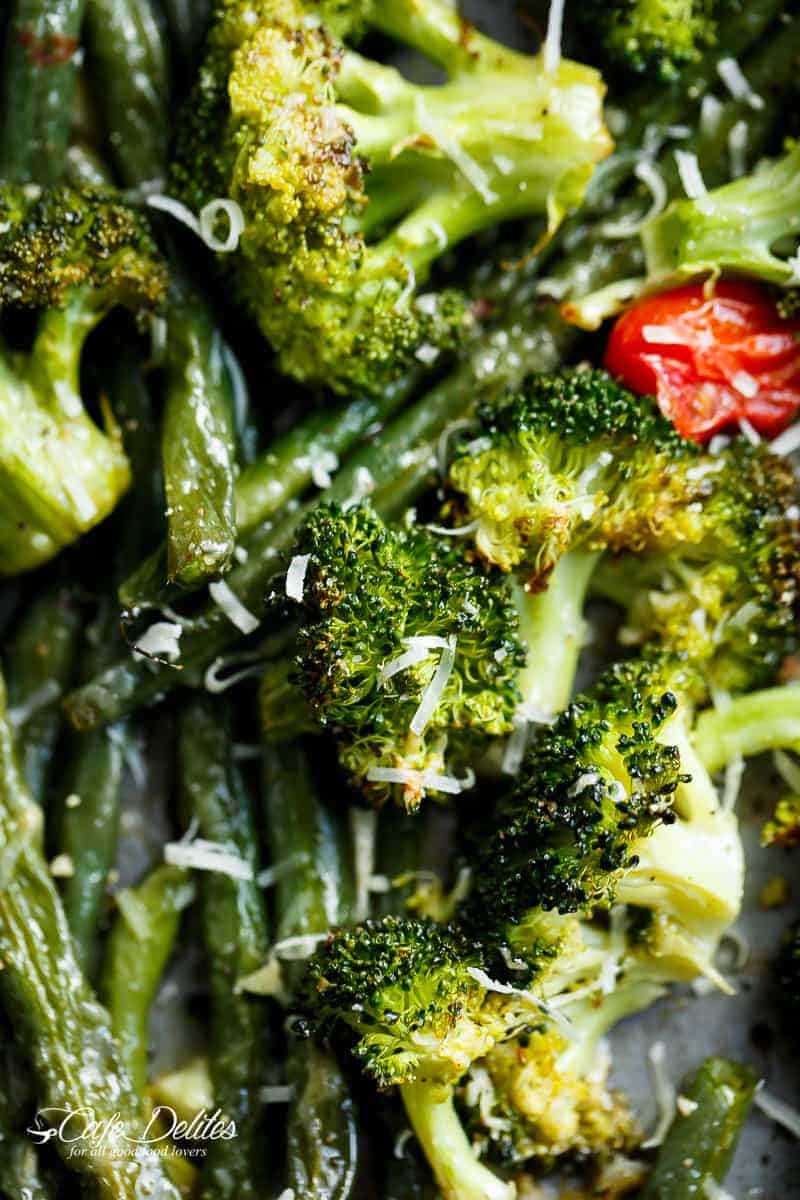 Sheet Pan Garlic Parmesan Roasted Broccoli & Green Beans is an easy-to-make and easier to eat side dish for any meal! A family and reader favourite! | https://cafedelites.com