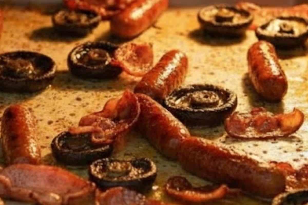 Bake for about 10 minutes until the sausages begin to turn golden and the bacon starts to crisp