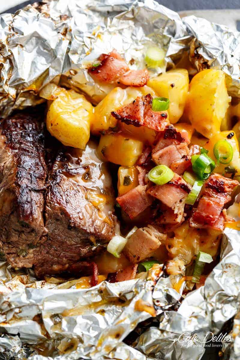  Cheesy Bacon Potato Hash Foil Packs are two favourites cooked in ONE PACK Garlic Steak  Cheesy Bacon Potato Hash Foil Packs