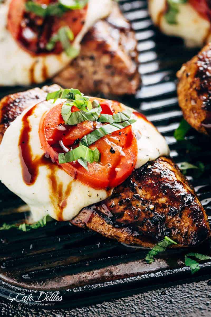 Grilled Chicken Caprese, with soft, creamy Buffalo Mozzarella slices will become a family favourite grilling recipe! A low carb lunch or dinner! | https://cafedelites.com