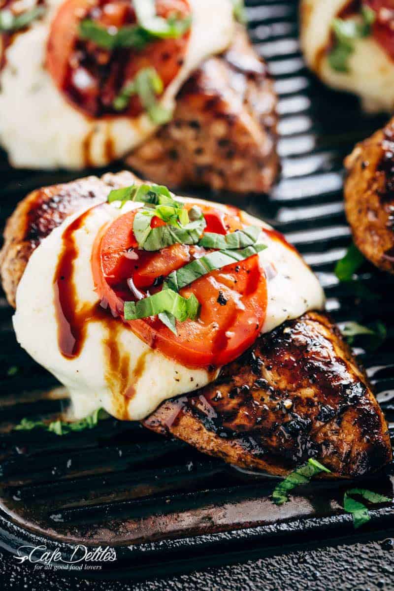 Grilled Chicken Caprese, with soft, creamy Buffalo Mozzarella slices will become a family favourite grilling recipe! A low carb lunch or dinner! | https://cafedelites.com