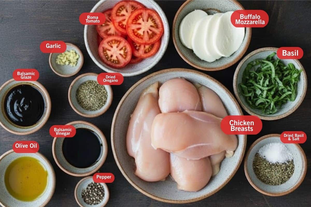 Flat lay photo of ingredient shot of Roma tomato slices, buffalo mozzarella, basil, chicken breasts, dried basil and salt, pepper, balsamic vinegar, olive oil, balsamic glaze, dried oregano, garlic