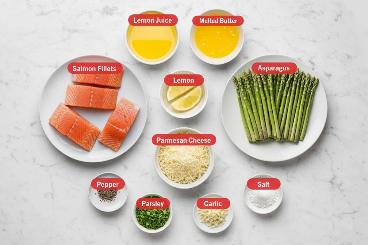 Top shot of ingredients: lemon juice, melted butter, salmon fillets, lemon, asparagus, parmesan cheese, pepper, parsley, garlic, and salt.