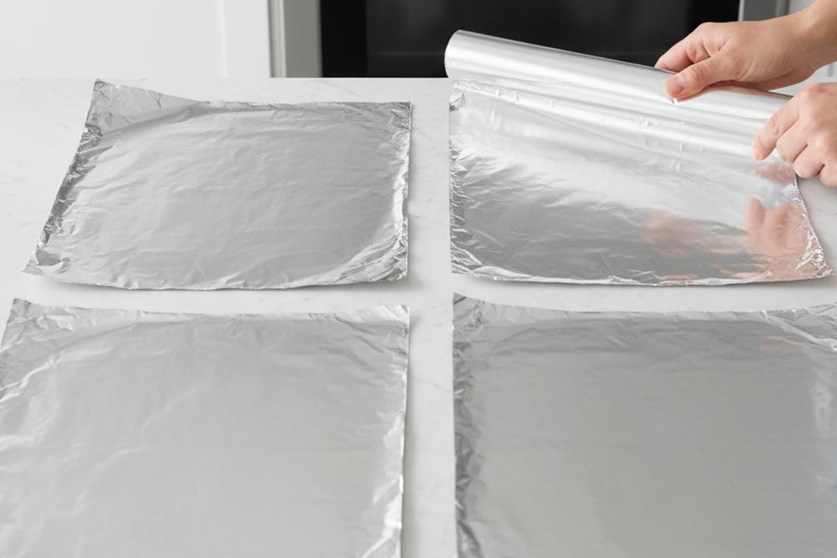 Four large sheets of heavy-duty foil layed on the counter.